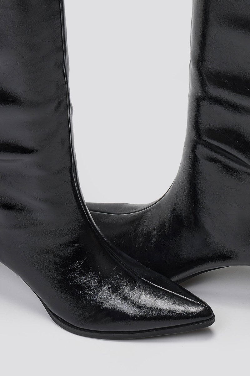 Pointed Crinkled Patent Boots with Kitten Heel - Black Crinkled Patent - thefashionproject.gr - Ideal shoes