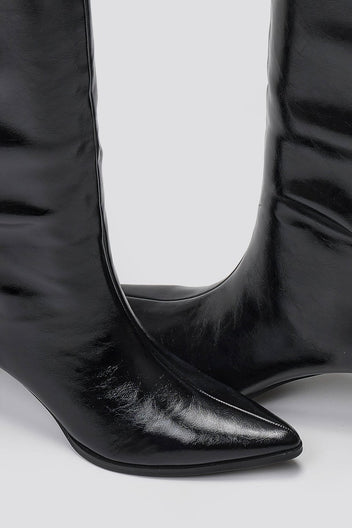 Pointed Crinkled Patent Boots with Kitten Heel - Black Crinkled Patent - thefashionproject.gr - Ideal shoes
