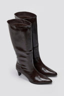 Pointed Crinkled Patent Boots with Kitten Heel - Brown Crinkled Patent - thefashionproject.gr - Ideal shoes