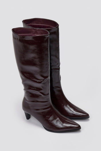Pointed Crinkled Patent Boots with Kitten Heel - Burgundy Crinkled Patent - thefashionproject.gr - Ideal shoes