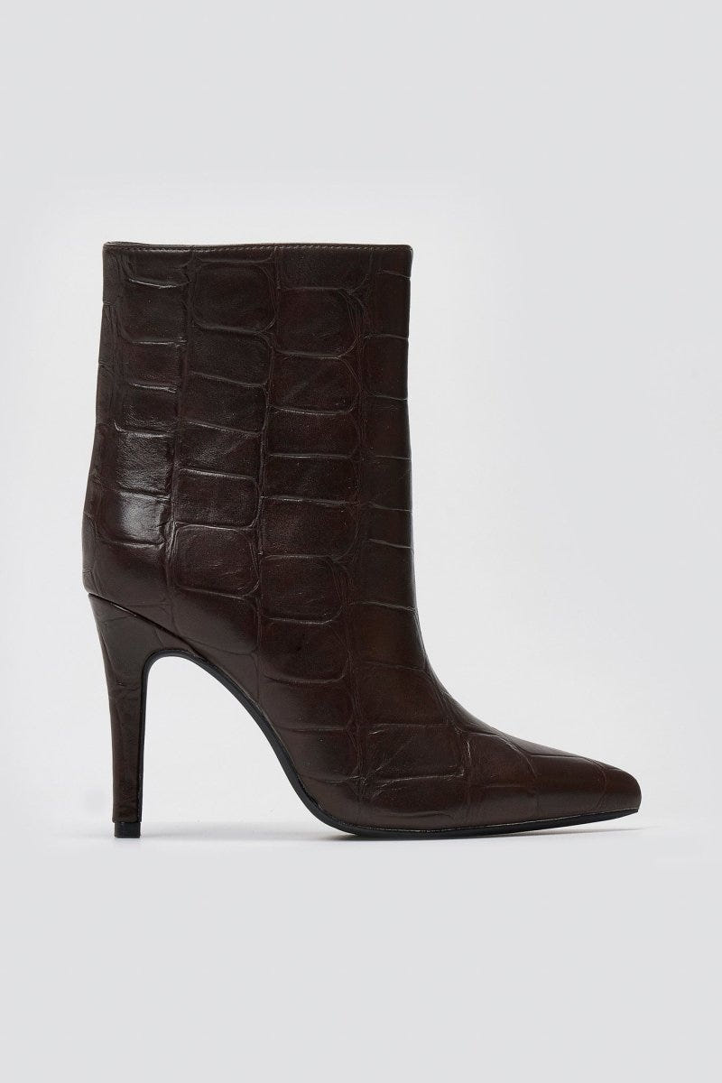Pointed Croc - Effect Ankle Boots - Brown Croc - thefashionproject.gr - Ideal shoes