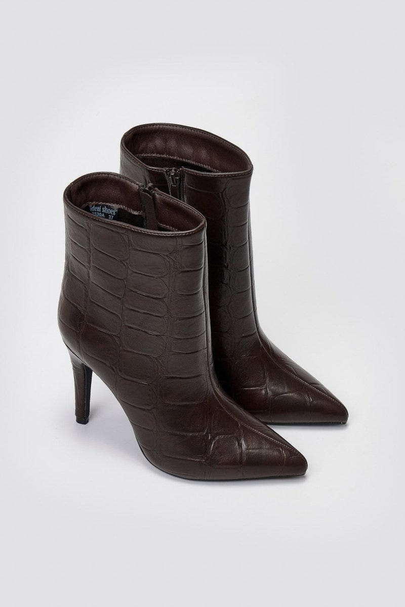 Pointed Croc - Effect Ankle Boots - Brown Croc - thefashionproject.gr - Ideal shoes