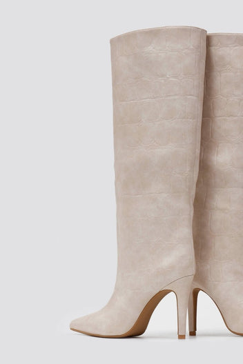 Pointed Croc - Effect Boots with Stiletto Heel - Beige Croc - thefashionproject.gr - Ideal shoes