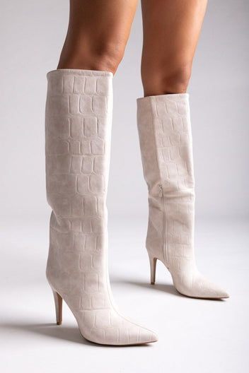 Pointed Croc - Effect Boots with Stiletto Heel - Beige Croc - thefashionproject.gr - Ideal shoes