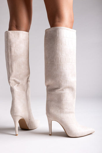 Pointed Croc - Effect Boots with Stiletto Heel - Beige Croc - thefashionproject.gr - Ideal shoes