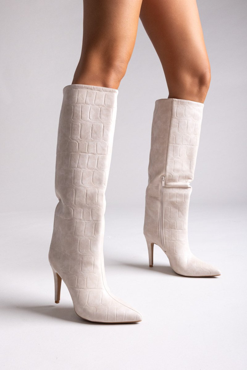 Μυτερά Μποτάκια με Εφέ Κροκό και Τακούνι Στιλέτο - Μπεζ Κροκό