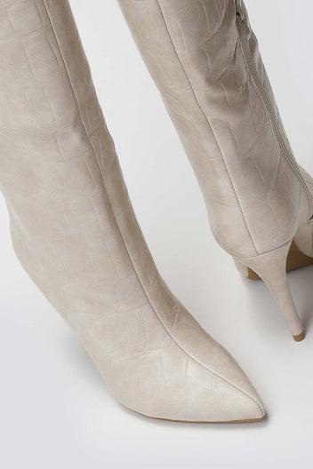 Pointed Croc - Effect Boots with Stiletto Heel - Beige Croc - thefashionproject.gr - Ideal shoes