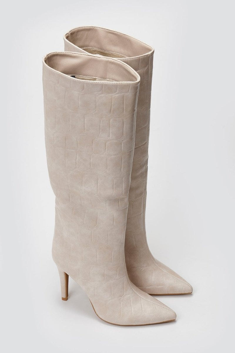 Pointed Croc - Effect Boots with Stiletto Heel - Beige Croc - thefashionproject.gr - Ideal shoes