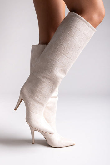 Pointed Croc - Effect Boots with Stiletto Heel - Beige Croc - thefashionproject.gr - Ideal shoes