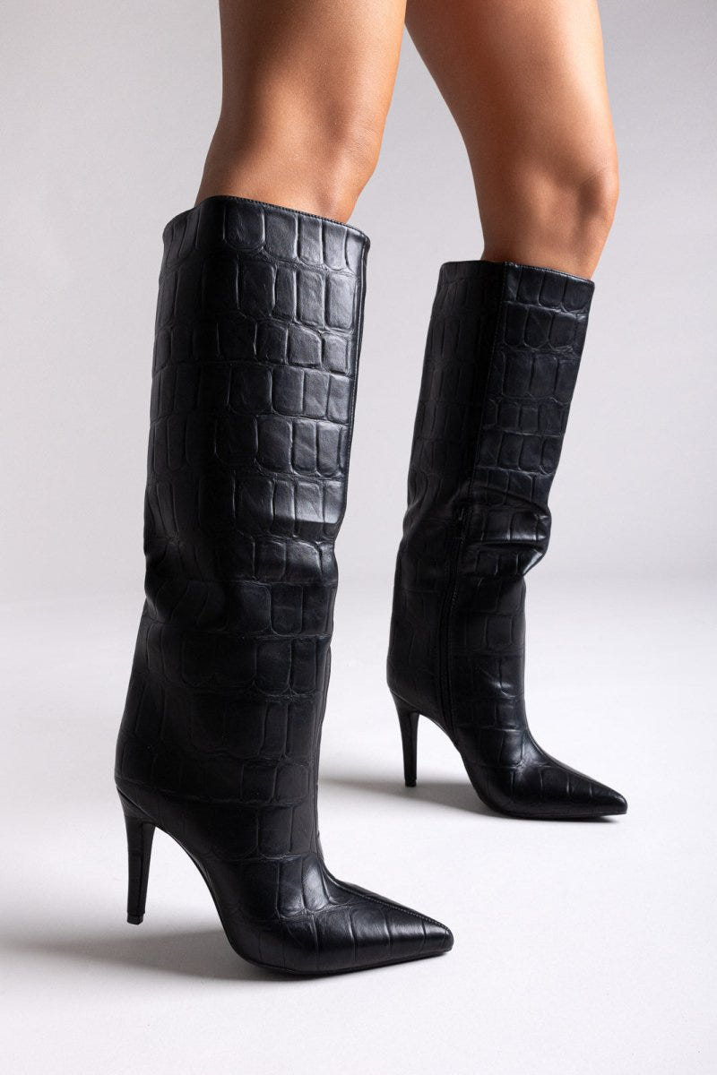 Pointed Croc - Effect Boots with Stiletto Heel - Black Croc - thefashionproject.gr - Ideal shoes