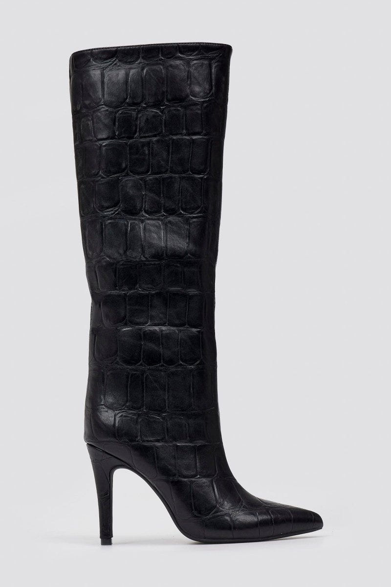 Pointed Croc - Effect Boots with Stiletto Heel - Black Croc - thefashionproject.gr - Ideal shoes