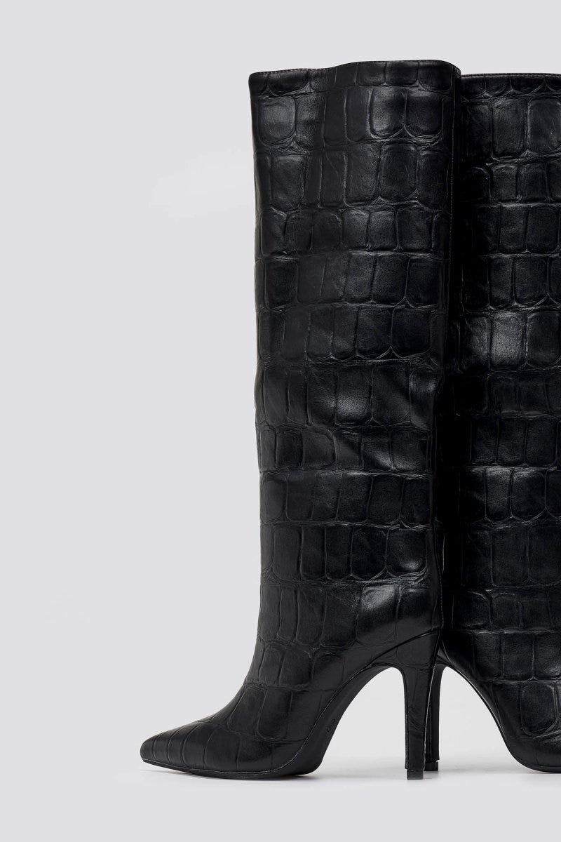 Pointed Croc - Effect Boots with Stiletto Heel - Black Croc - thefashionproject.gr - Ideal shoes