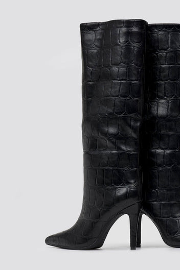Pointed Croc - Effect Boots with Stiletto Heel - Black Croc - thefashionproject.gr - Ideal shoes
