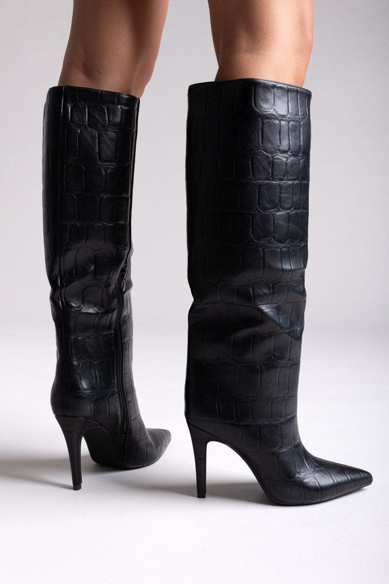 Pointed Croc - Effect Boots with Stiletto Heel - Black Croc - thefashionproject.gr - Ideal shoes