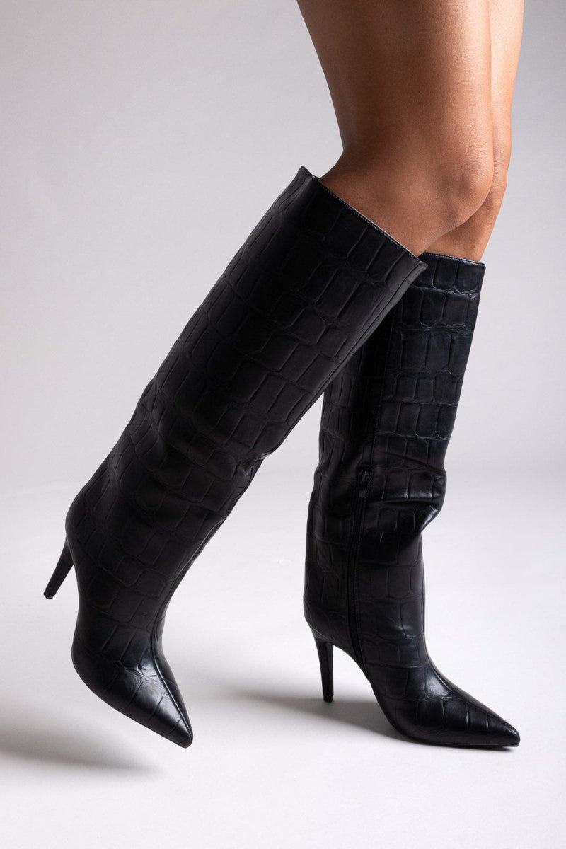 Pointed Croc - Effect Boots with Stiletto Heel - Black Croc - thefashionproject.gr - Ideal shoes