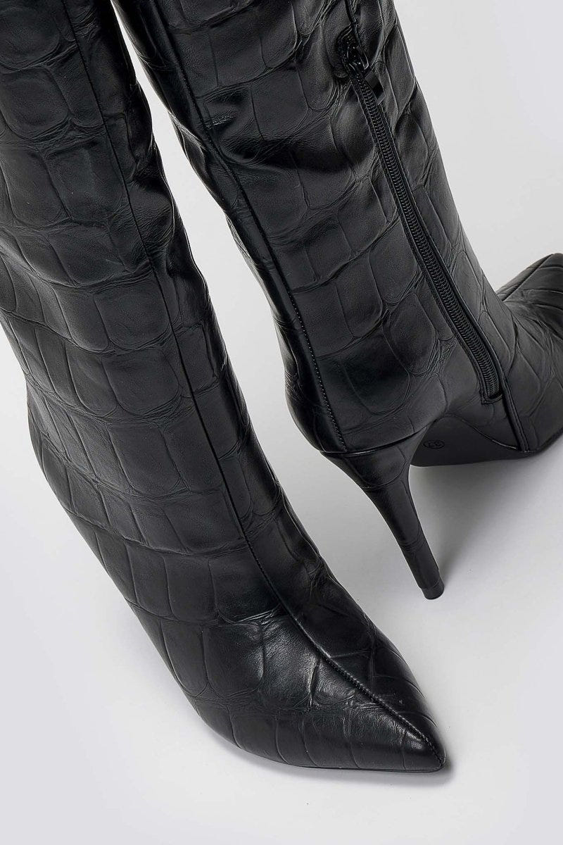 Pointed Croc - Effect Boots with Stiletto Heel - Black Croc - thefashionproject.gr - Ideal shoes