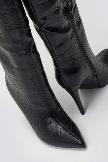 Pointed Croc - Effect Boots with Stiletto Heel - Black Croc - thefashionproject.gr - Ideal shoes