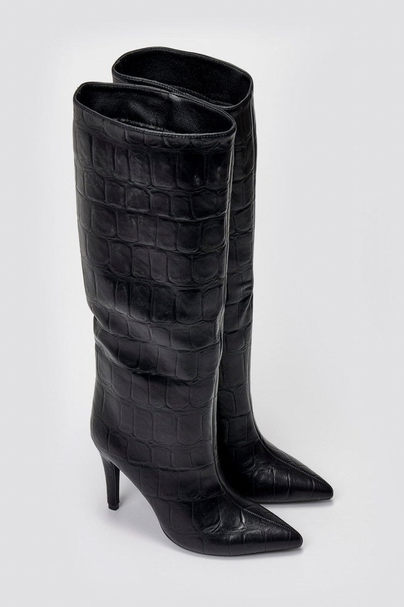 Pointed Croc - Effect Boots with Stiletto Heel - Black Croc - thefashionproject.gr - Ideal shoes