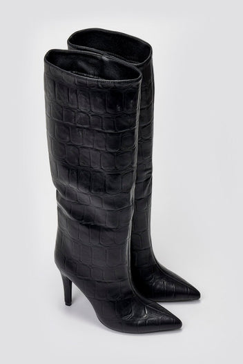 Pointed Croc - Effect Boots with Stiletto Heel - Black Croc - thefashionproject.gr - Ideal shoes