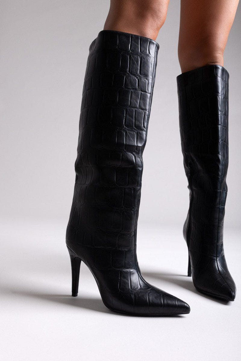 Pointed Croc - Effect Boots with Stiletto Heel - Black Croc - thefashionproject.gr - Ideal shoes