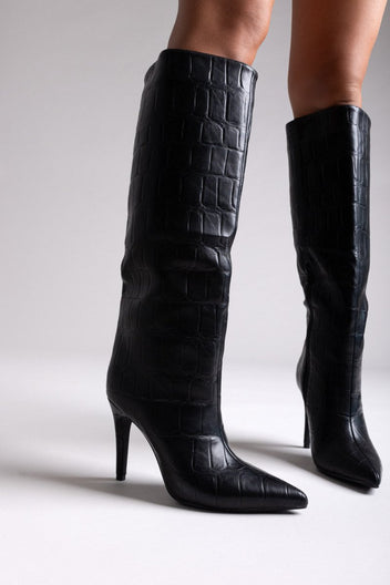 Pointed Croc - Effect Boots with Stiletto Heel - Black Croc - thefashionproject.gr - Ideal shoes