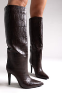 Pointed Croc - Effect Boots with Stiletto Heel - Brown Croc - thefashionproject.gr - Ideal shoes