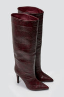 Pointed Croc - Effect Boots with Stiletto Heel - Burgundy Croc - thefashionproject.gr - Ideal shoes