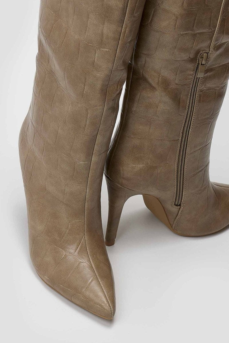 Pointed Croc - Effect Boots with Stiletto Heel - Taupe Croc - thefashionproject.gr - Ideal shoes