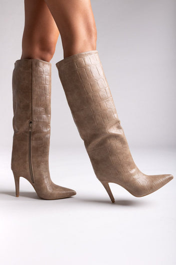 Pointed Croc - Effect Boots with Stiletto Heel - Taupe Croc - thefashionproject.gr - Ideal shoes