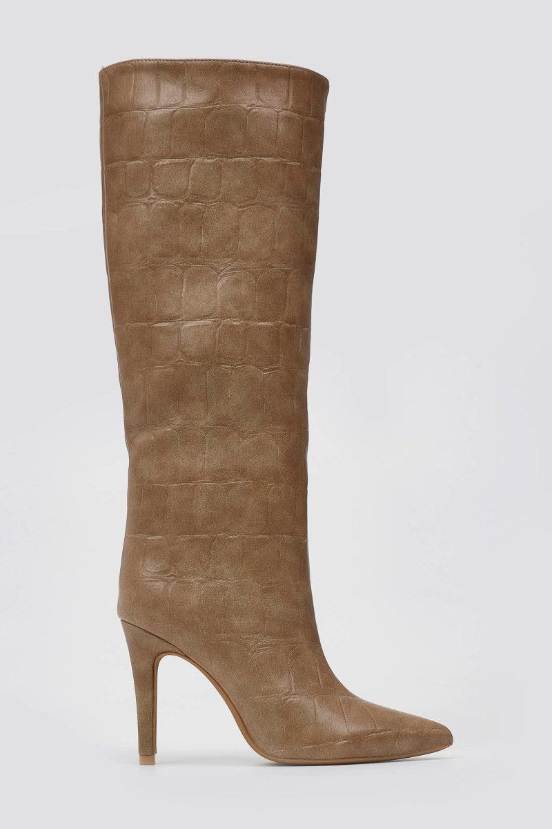 Pointed Croc - Effect Boots with Stiletto Heel - Taupe Croc - thefashionproject.gr - Ideal shoes