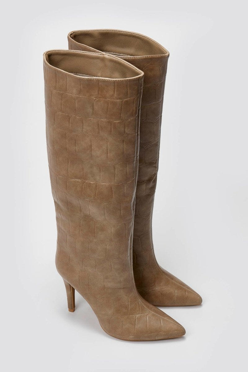 Pointed Croc - Effect Boots with Stiletto Heel - Taupe Croc - thefashionproject.gr - Ideal shoes