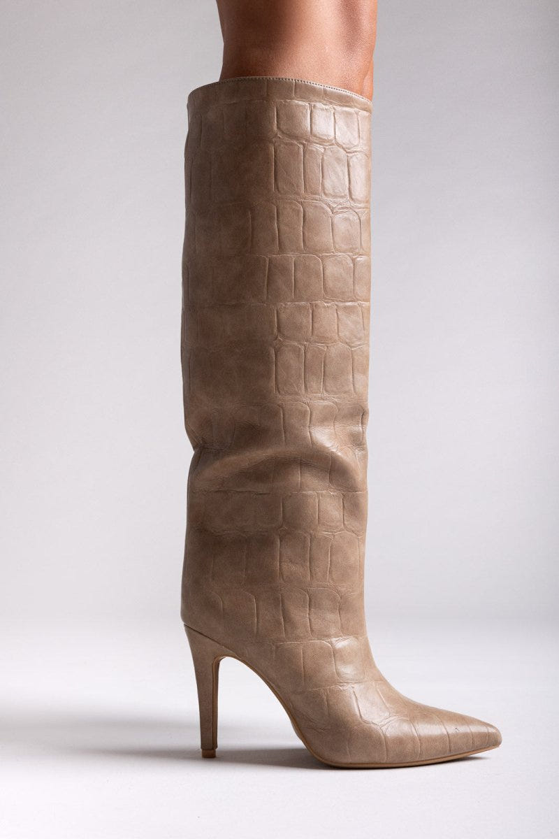 Pointed Croc - Effect Boots with Stiletto Heel - Taupe Croc - thefashionproject.gr - Ideal shoes