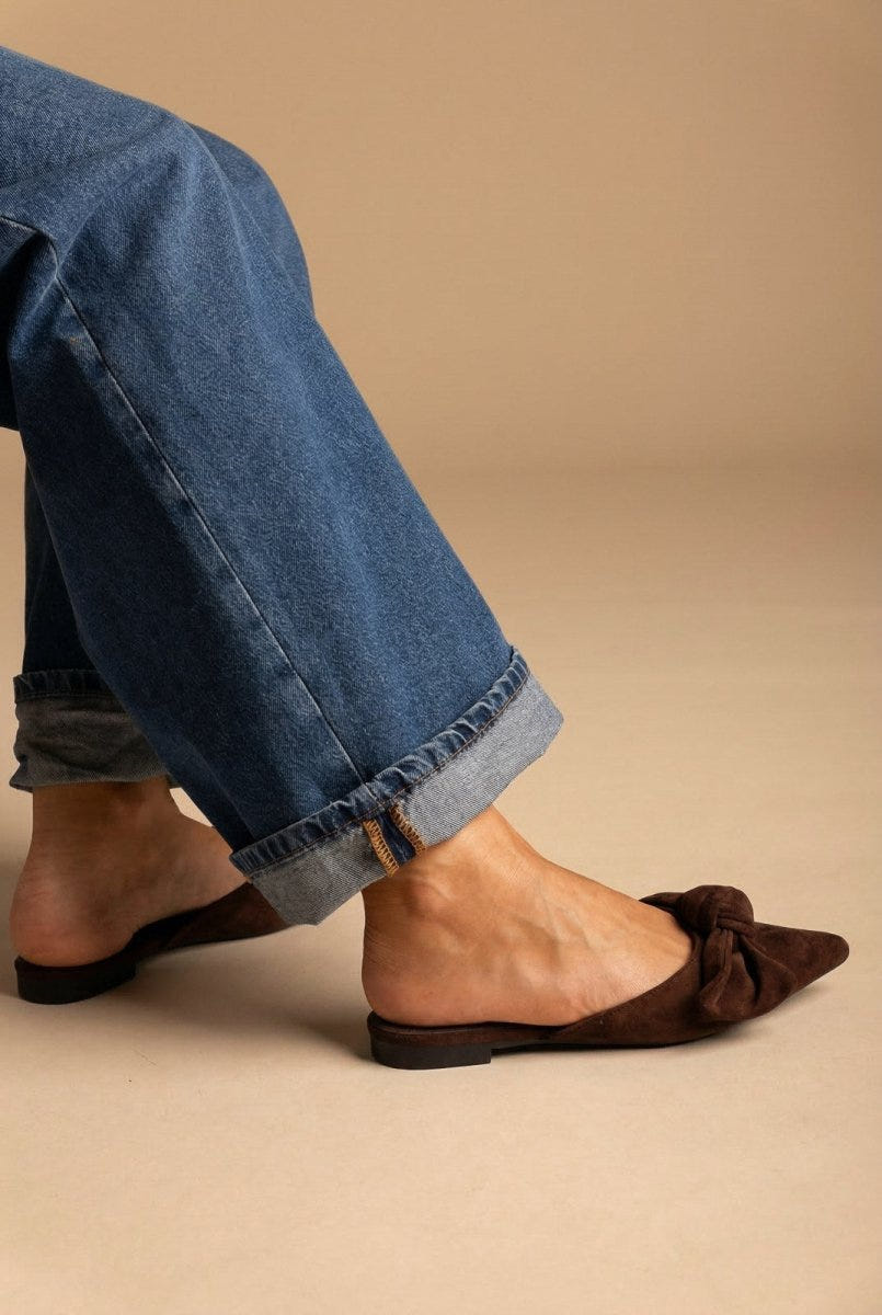 Stephan - Pointed Flat Mules Bow Detail - Brown Suede