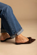 Stephan - Pointed Flat Mules Bow Detail - Brown Suede