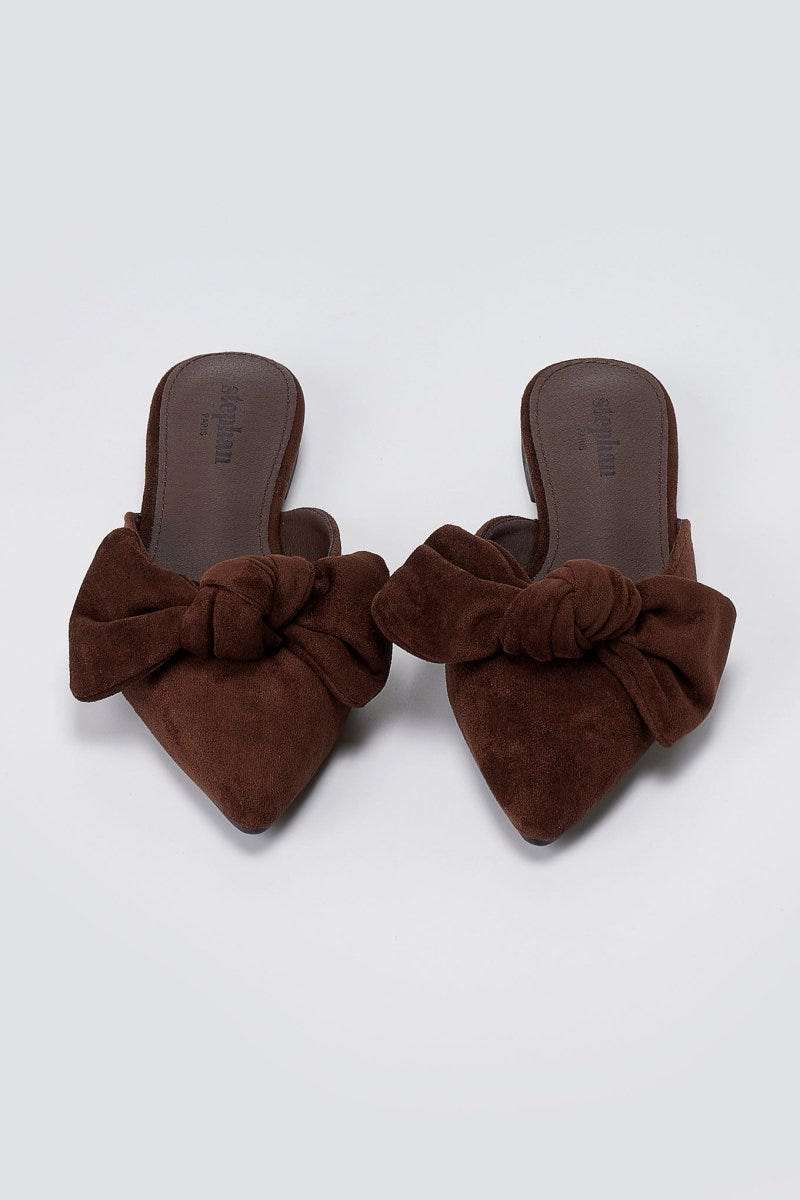 Stephan - Pointed Flat Mules Bow Detail - Brown Suede
