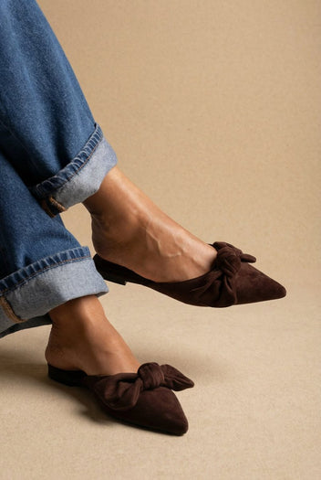 Stephan - Pointed Flat Mules Bow Detail - Brown Suede