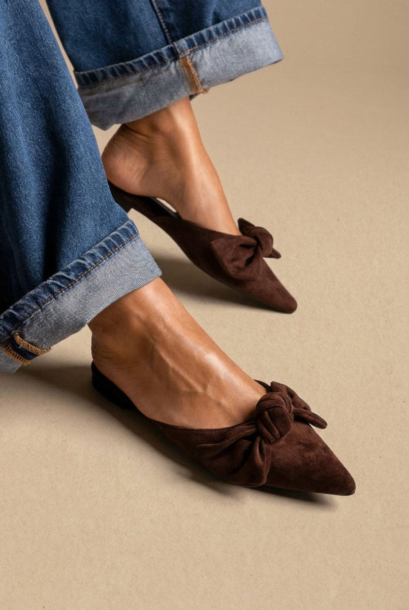 Stephan - Pointed Flat Mules Bow Detail - Brown Suede