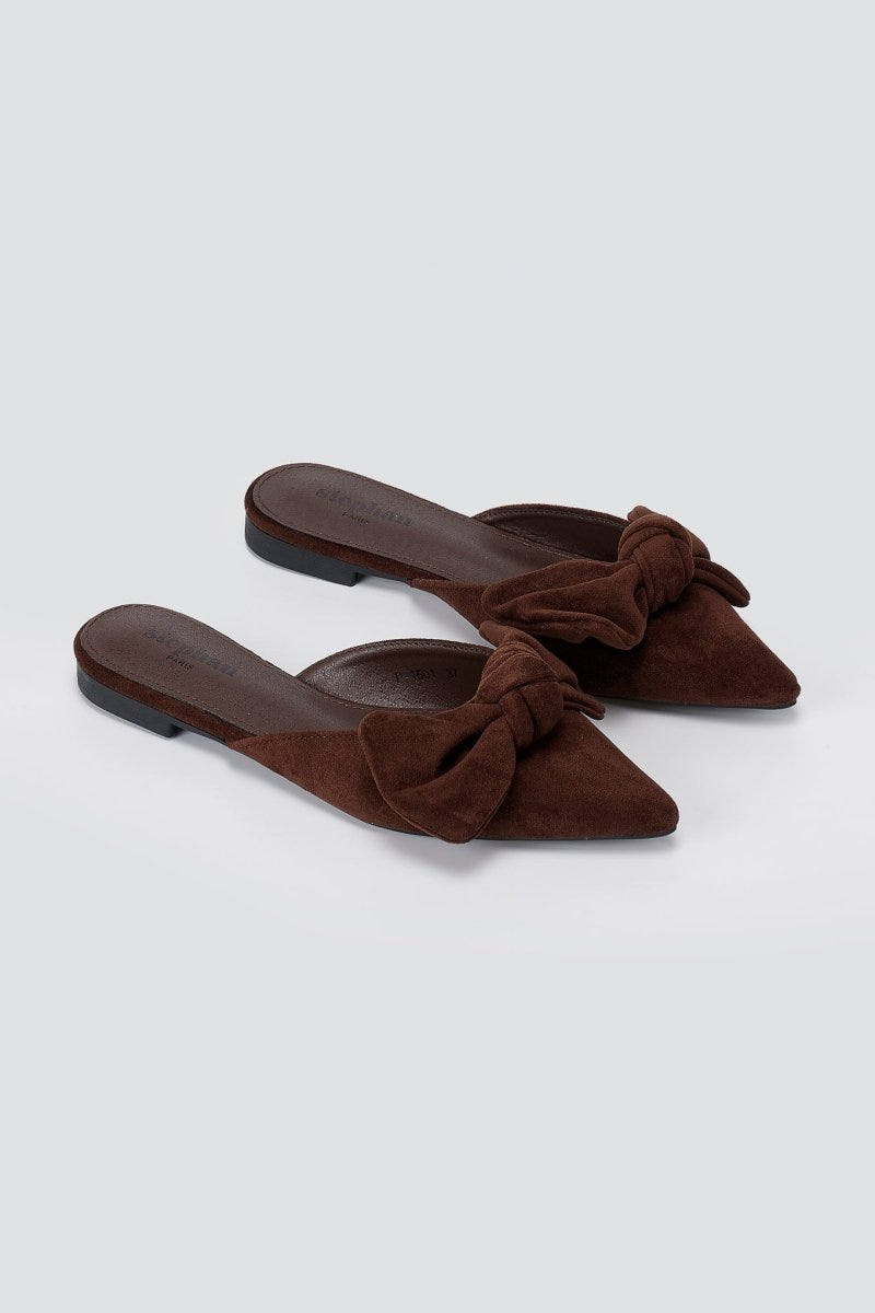 Stephan - Pointed Flat Mules Bow Detail - Brown Suede