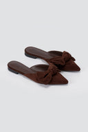 Stephan - Pointed Flat Mules Bow Detail - Brown Suede