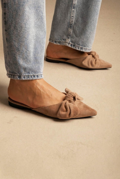 Pointed Flat Mules Bow Detail - Taupe Suede