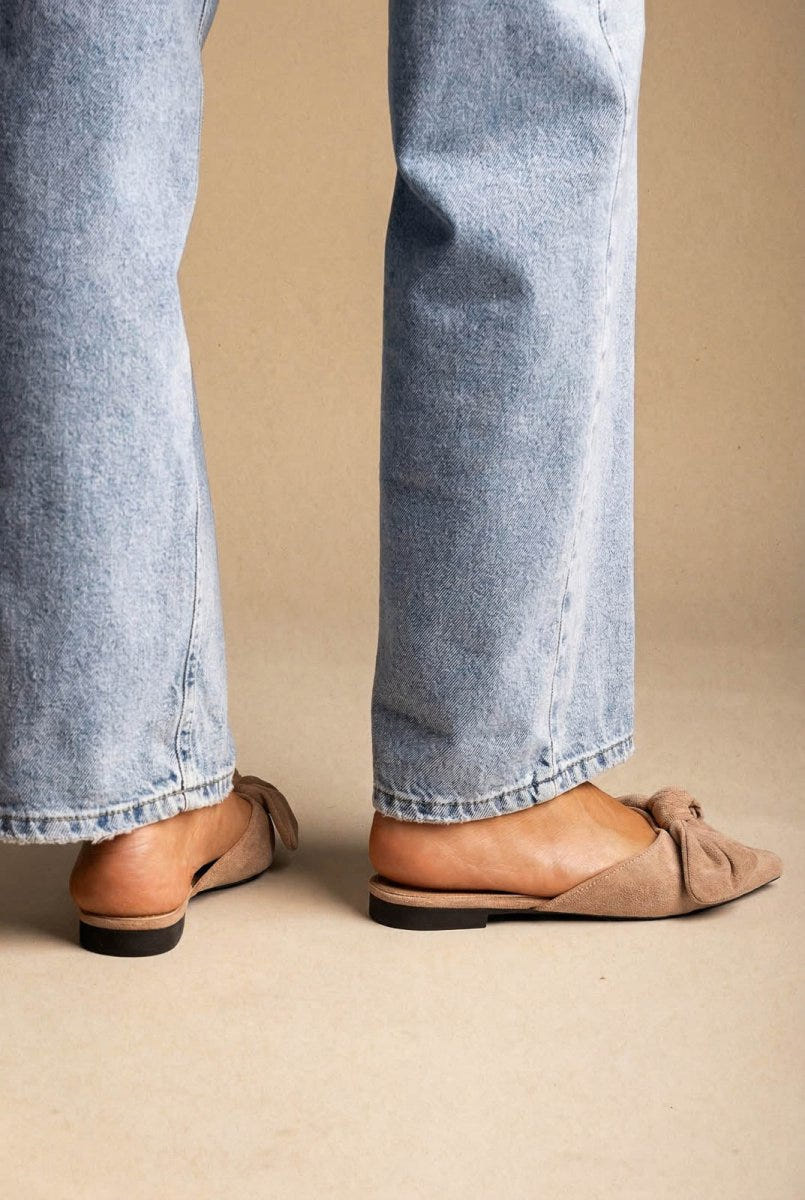 Stephan - Pointed Flat Mules Bow Detail - Taupe Suede