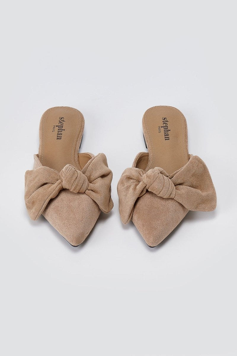 Stephan - Pointed Flat Mules Bow Detail - Taupe Suede