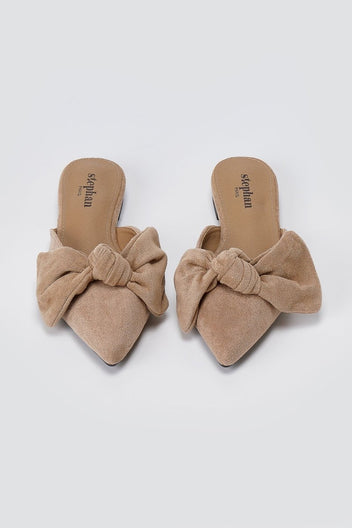 Stephan - Pointed Flat Mules Bow Detail - Taupe Suede