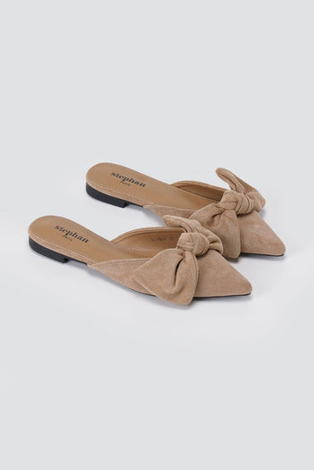 Stephan - Pointed Flat Mules Bow Detail - Taupe Suede