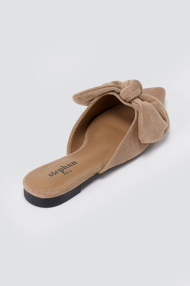 Stephan - Pointed Flat Mules Bow Detail - Taupe Suede