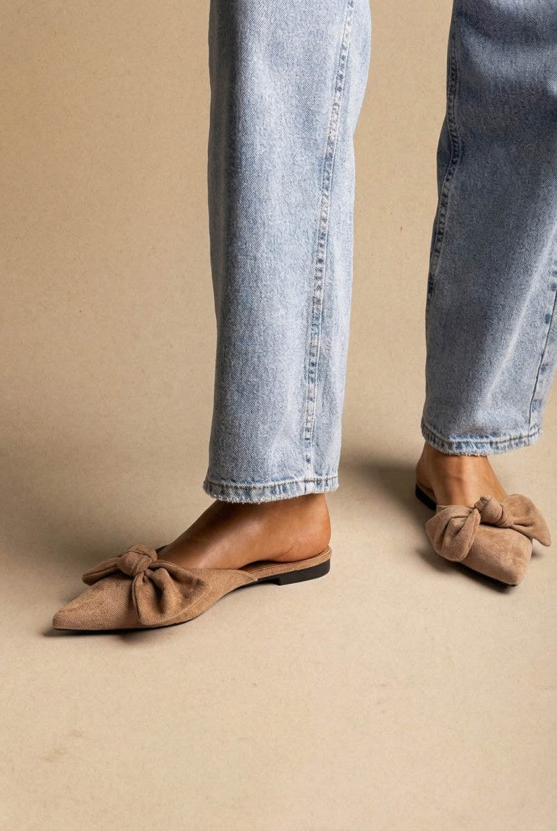 Stephan - Pointed Flat Mules Bow Detail - Taupe Suede