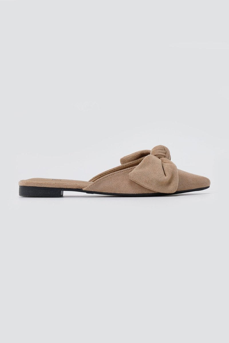Stephan - Pointed Flat Mules Bow Detail - Taupe Suede