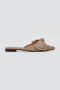 Stephan - Pointed Flat Mules Bow Detail - Taupe Suede