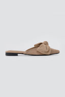 Stephan - Pointed Flat Mules Bow Detail - Taupe Suede