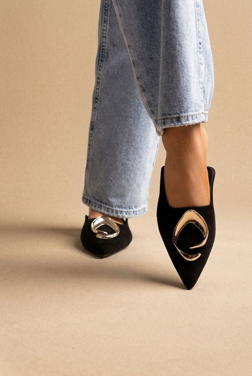Stephan - Pointed Flat Mules Metal Detail - Black Suede
